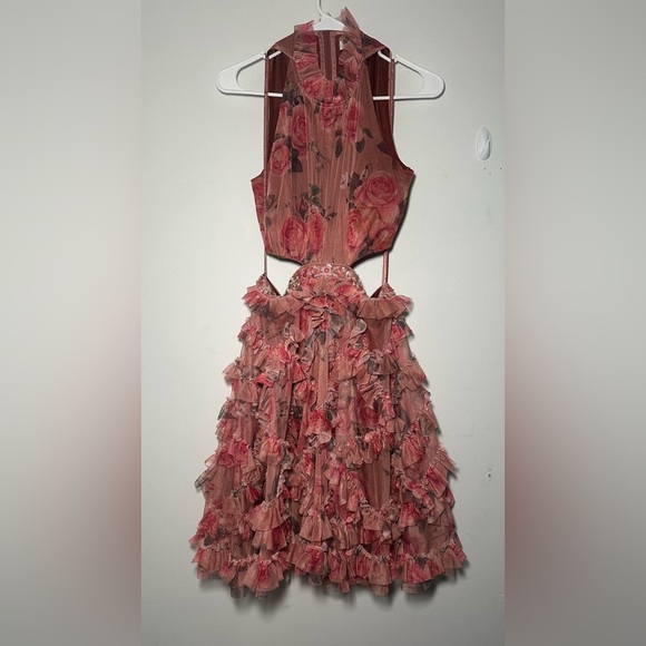 Mac Duggal Barbie Pink Floral Ruffled Cutout Dainty Halter Mini Dress Size 6 - Picture 5 of 16